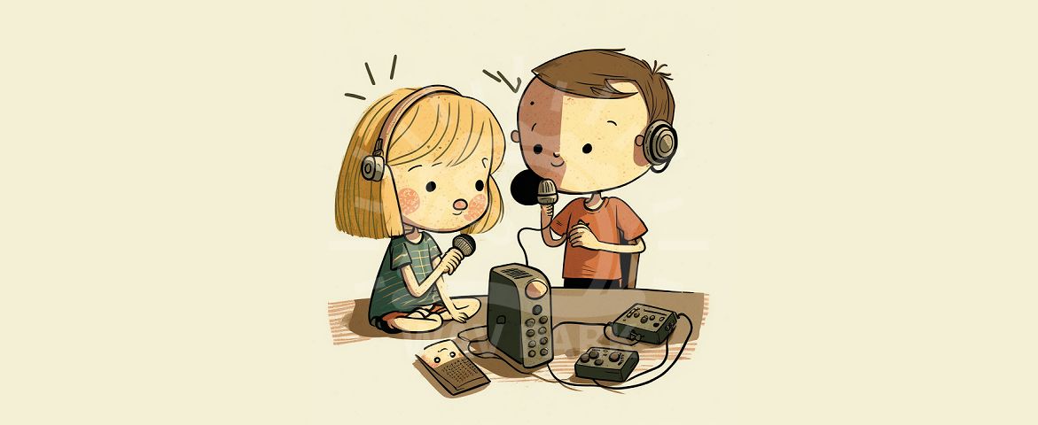 decorative, boy and girl learning about audio equipment